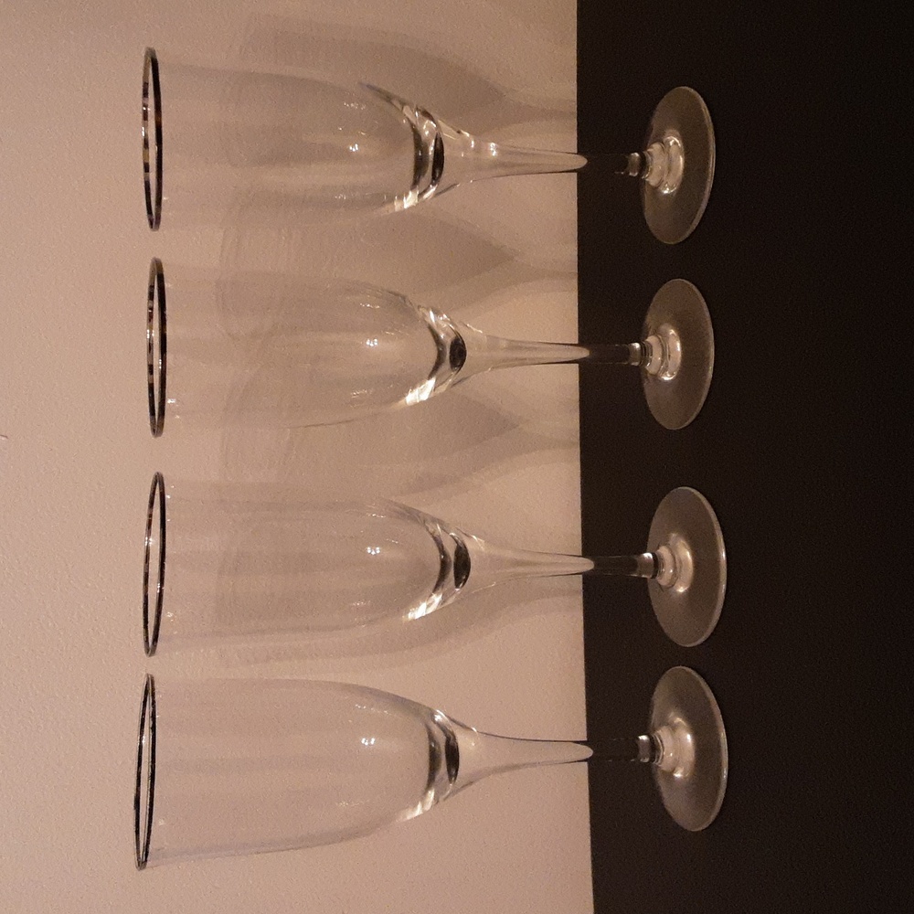 4 long stem crystal silver rimmed vintage wine glasses